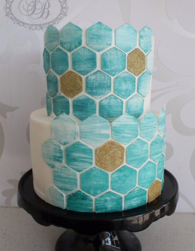 Teal watercolour hexagon honeycomb cake
