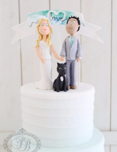 Ombre teal stripe wrap wedding cake with banner topper