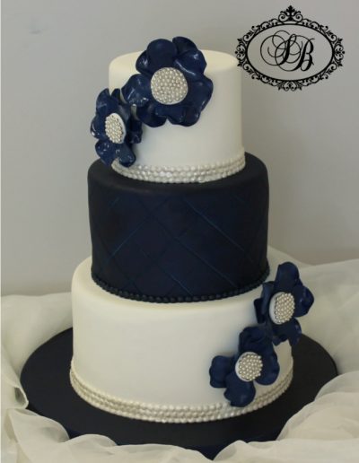 3 tier navy and white wedding cake