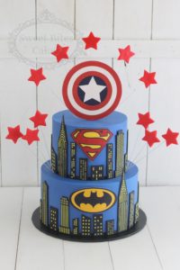 2 tier superhero cityscape cake