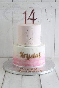 2 tier 14th birthday cake with gold splatter