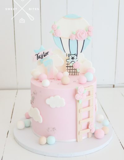 1st birthday pink teddy bear hot air balloon ladder cake