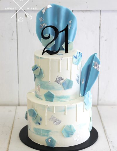 blue white watercolour chocolate 21st birthday cake