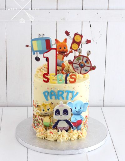 1st birthday word party cartoon confetti cake