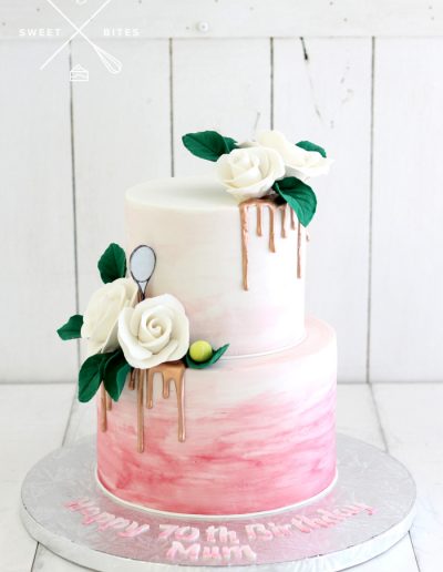 tennis racket ball pink ombre cake roses 2 tier