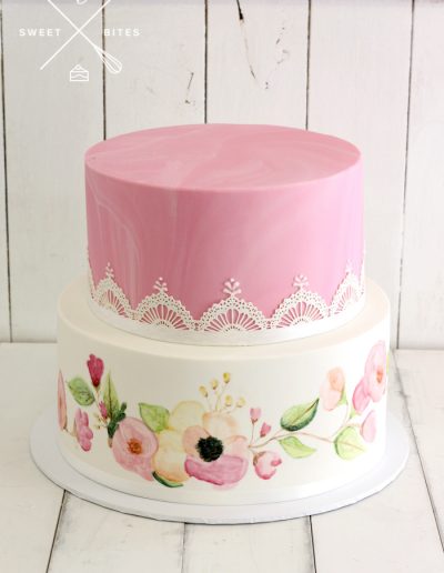 pink marble hand painted flowers cake sugar lace