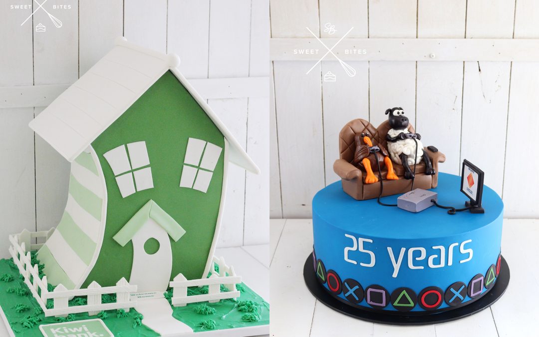 KiwiBank 3D house cake and Playstation cake with decals and animal figurines
