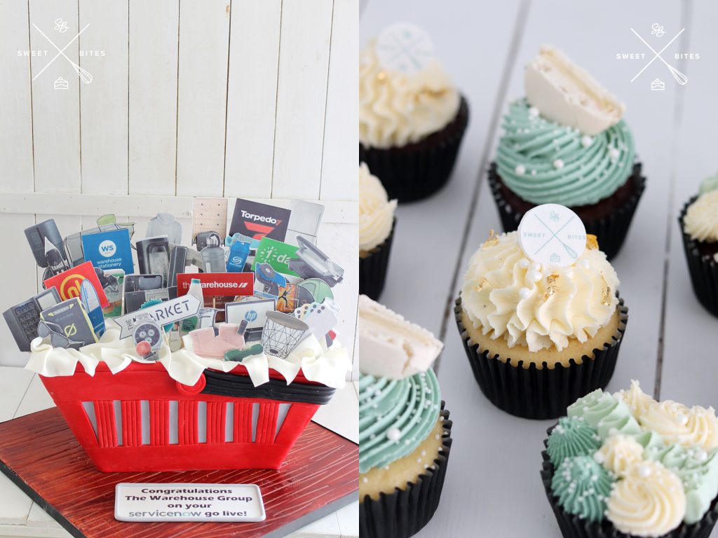 The Warehouse shopping basket cake and Sweet Bites branded cupcakes