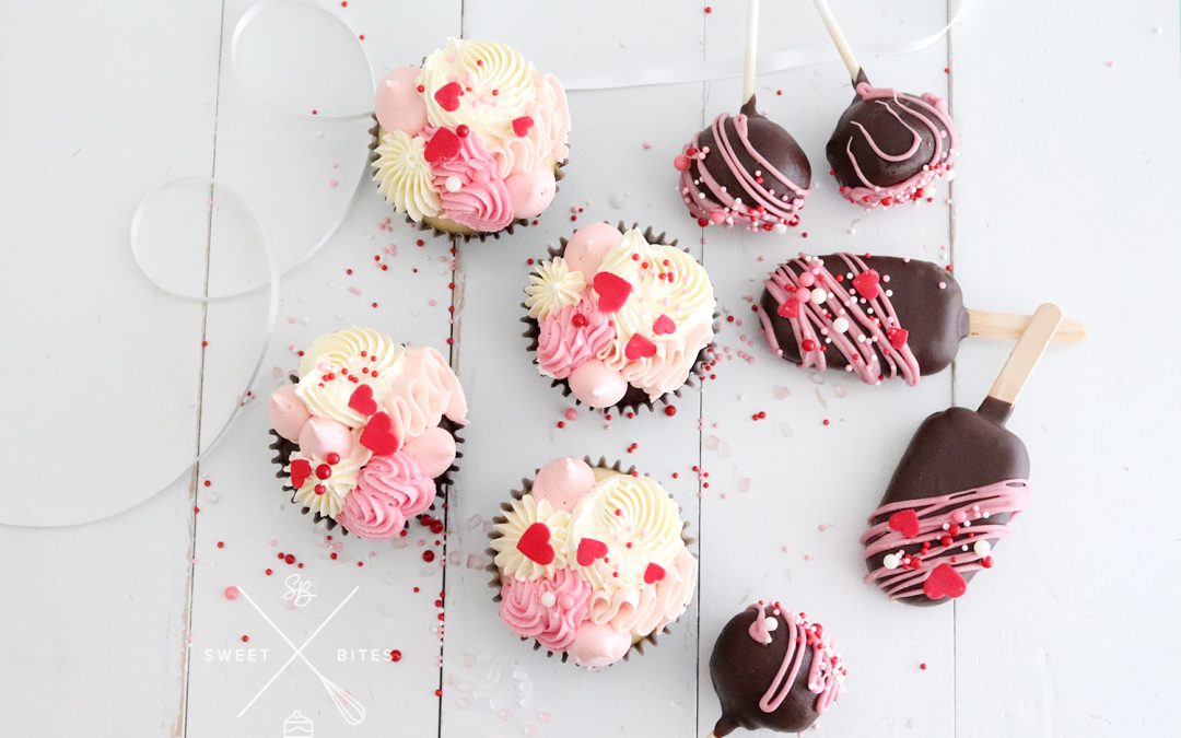 Valentines cake pop and cupcakes with pink heart decorations