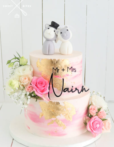 watercolour pink gold wedding cake cat topper cute fresh flowers