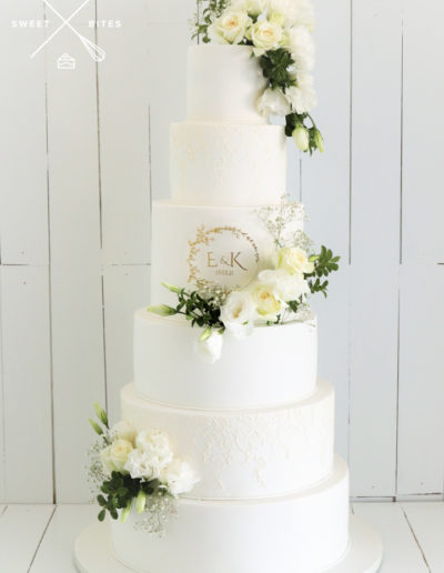 6 tier white traditional classic stencil wedding cake