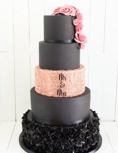 black rose gold 5 tier wedding cake ruffles sequins roses