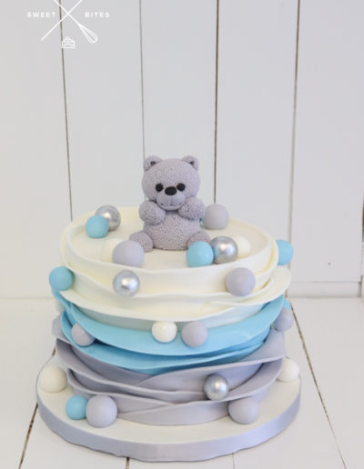 baby shower cake boy tedding bear grey silver blue scallop ruffles