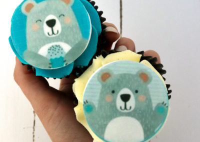 blue and white bear edible image cupcake