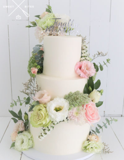 simple 3 tier white wedding cake flowers fresh finally mr & mrs