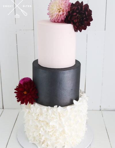 pink black white wedding cake ruffles