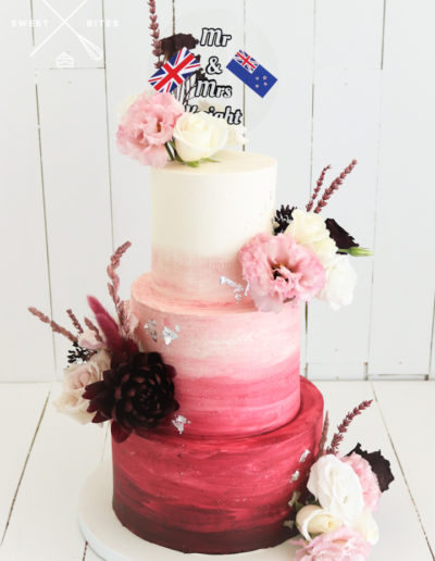 burgundy travel wedding cake ombre watercolour fresh flowers