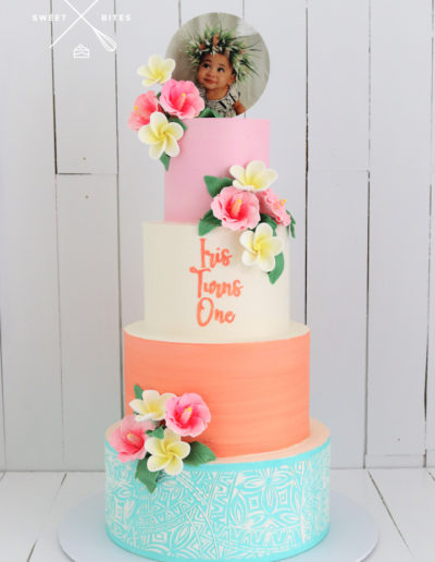 island tropical frangipani cake pastel 4 tier 1st birthday one