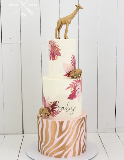 safari baby shower pink leaves zebra gold cake