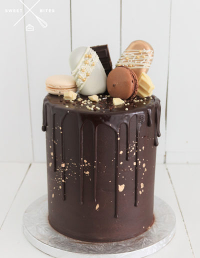 choc cake chocolate drip gold white brown macarons cake popsicles with sprinkles and drizzle choc pieces