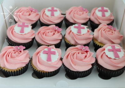 pink cupcakes fondant flowers cross christening baptism communion