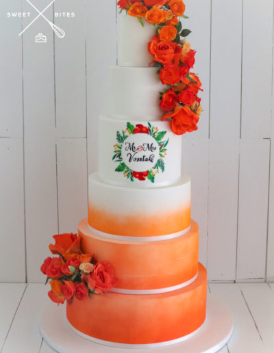 sunset orange airbrush 6 tier wedding cake hand painting coral tropical island