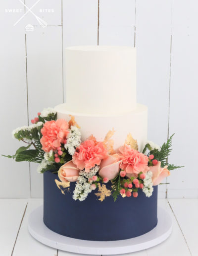 navy blue gold flowers wedding cake 3 tier